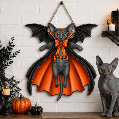 Halloween Cat Vampire - Personalized Wooden Door Sign - Gothic Decor for Cat Lovers