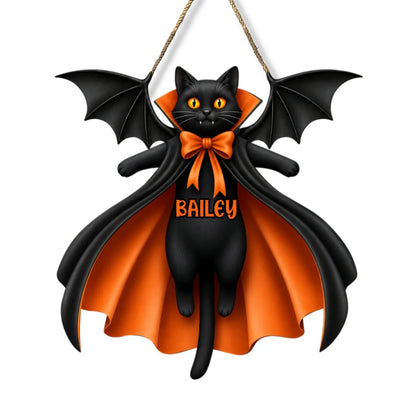 Halloween Cat Vampire - Personalized Wooden Door Sign - Gothic Decor for Cat Lovers